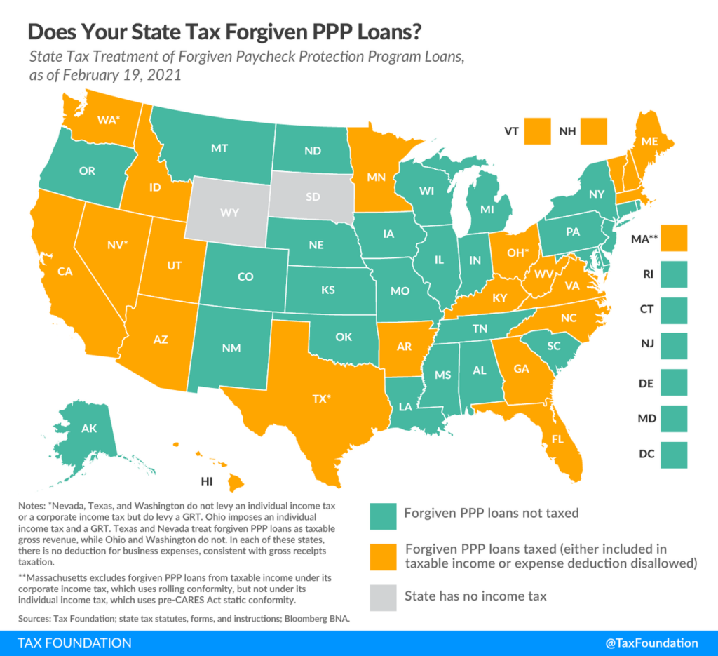 Map detailing states that tax forgiven PPP loans
