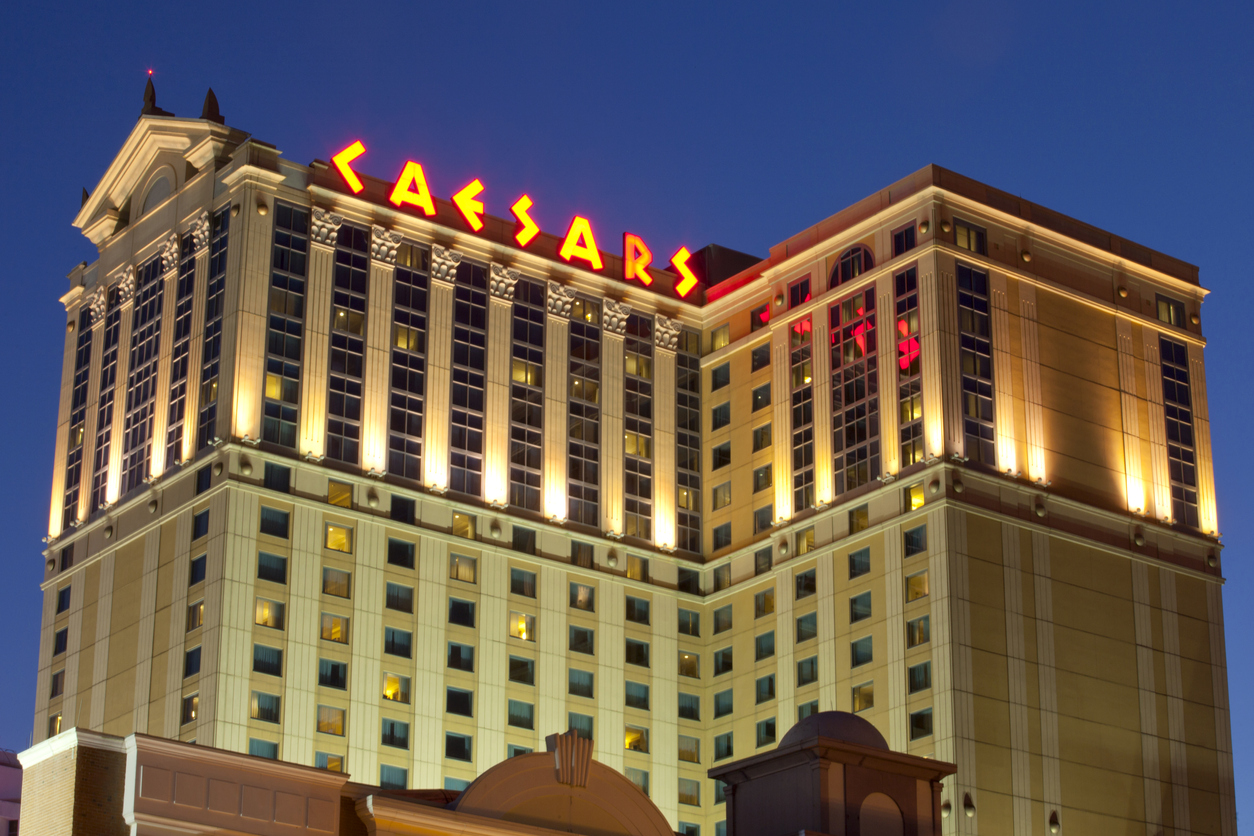 Atlantic City, New Jersey, USA - June 5, 2014: Caesars casino on Atlantic City's famous boardwalk at night.