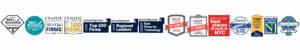 strip of award logos including Clearly Rated Best of Accounting 2021-2025 and Best of Accounting Client Satisfaction 2025; Inside Public Accounting Best of the Best Firms 2024 and Top 100 Firms 2025; Accounting Today 2025 Regional Leaders, Top 100 Firms 2025, and Best Firms for Technology 2024, Vault Accounting Top Ranked 2026 and #1 Ranked Client Interaction; Crains 2025 Best Places to Work in NYC; Best Places to Work on Long Island 2025 (LIBN), Top Work Places 2025 Schneps Long Island Press, NJBiz Best Places to Work in NJ 2024 and Best Places to Work Boston July 2025-July 2026 Best Companies Group.