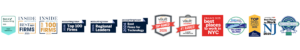 strip of award logos including Clearly Rated Best of Accounting 2021-2025 and Best of Accounting Client Satisfaction 2025; Inside Public Accounting Best of the Best Firms 2024 and Top 100 Firms 2025; Accounting Today 2025 Regional Leaders, Top 100 Firms 2025, and Best Firms for Technology 2024, Vault Accounting Top Ranked 2026 and #1 Ranked Client Interaction; Crains 2025 Best Places to Work in NYC; Best Places to Work on Long Island 2025 (LIBN), Top Work Places 2025 Schneps Long Island Press, NJBiz Best Places to Work in NJ 2024 and Best Places to Work Boston July 2025-July 2026 Best Companies Group.