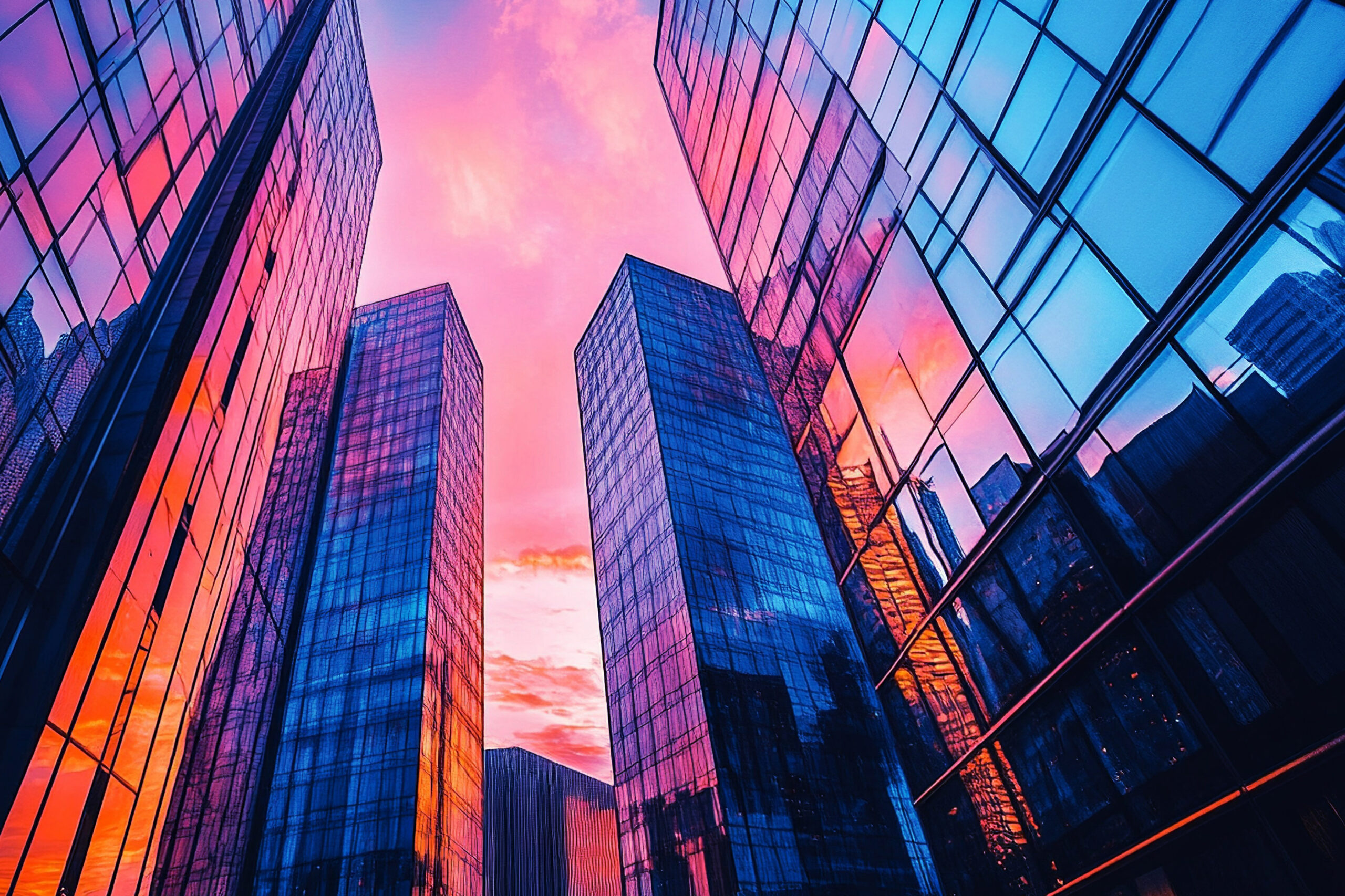 worm's eye view of sun setting on sky scrappers