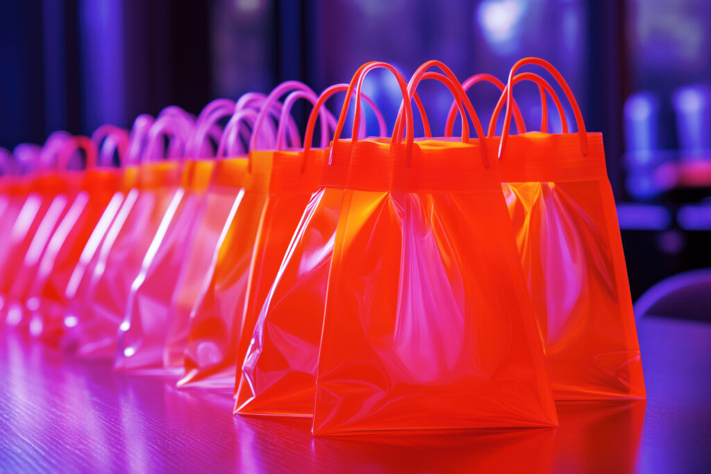 orange giftbags lined up on a table