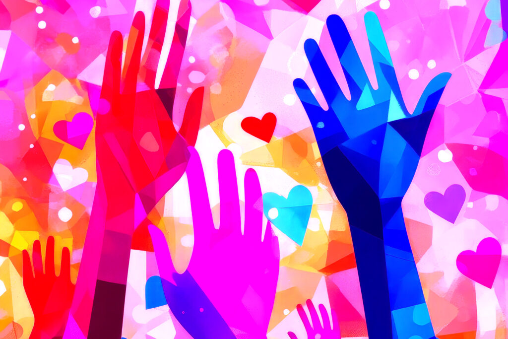 colorful hands reaching toward the sky