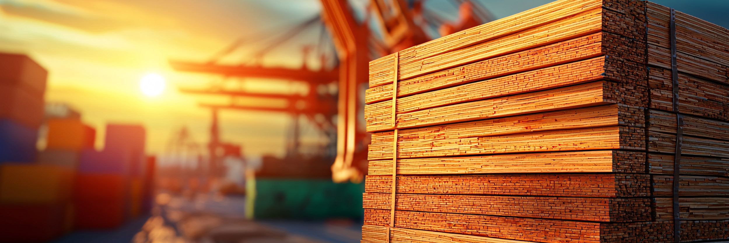 stacks of lumber piled on top of each other in a container yard