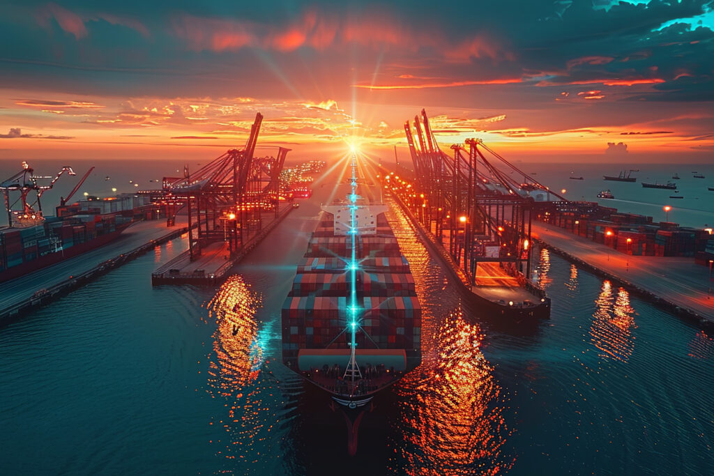 Container ship entering a port during sunset