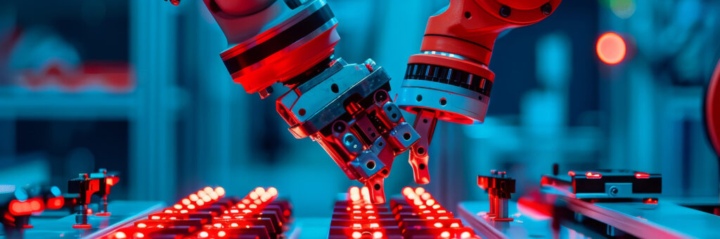 red robotic arms in a manufacturing facility