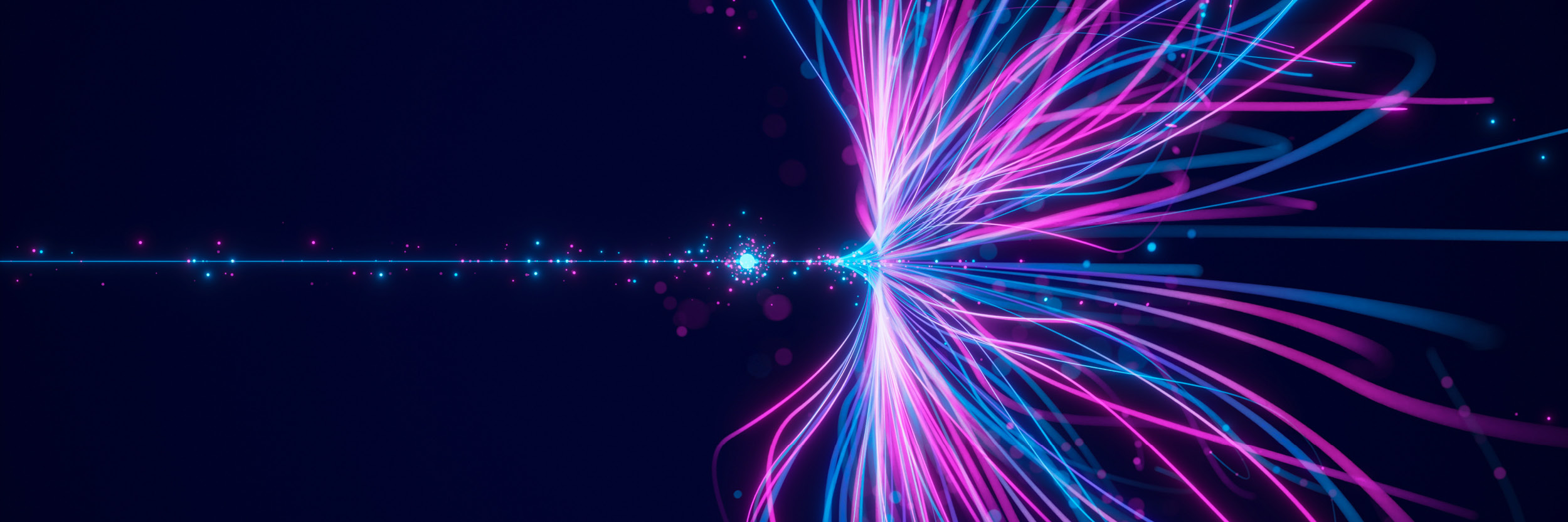 Abstract digital visualization of glowing pink and blue light streams bursting from a central bright point against a dark background, resembling fiber optic connections or energy particles radiating outward in symmetrical pattern