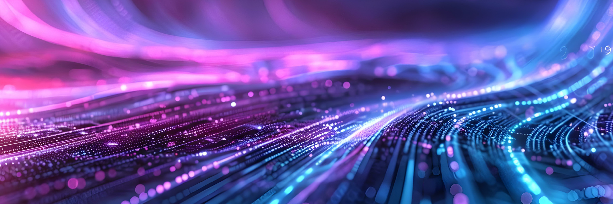 Abstract digital landscape featuring flowing streams of glowing data in pink, purple, and blue tones, representing high-speed technology and data transmission