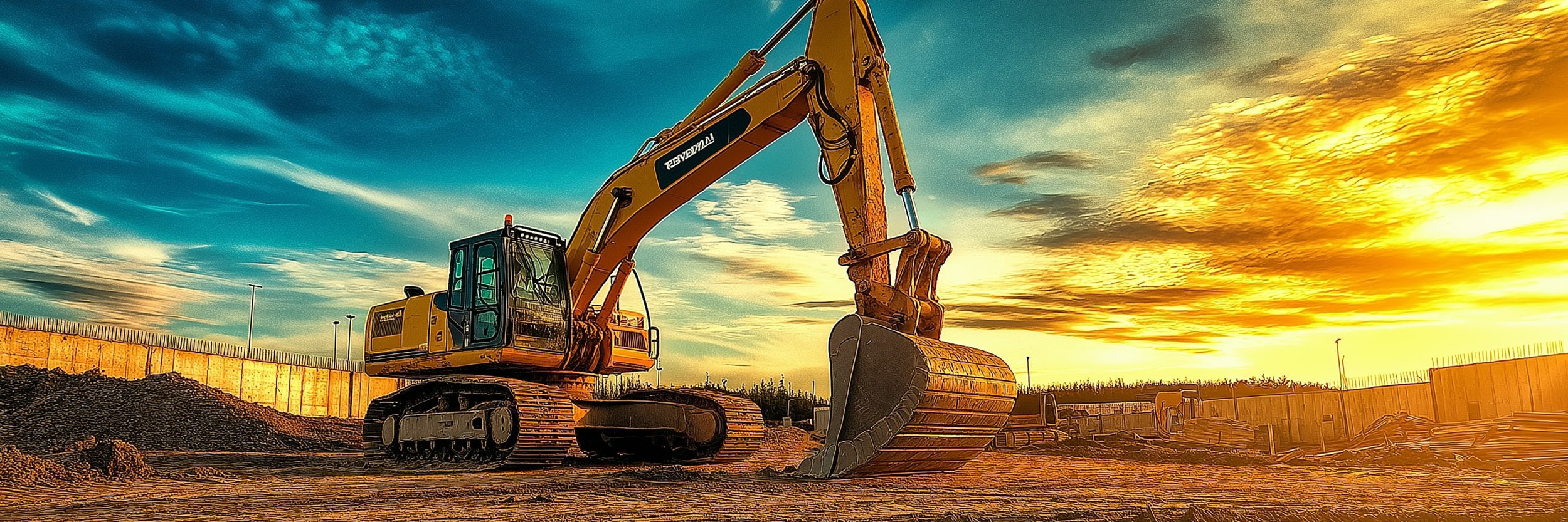 Large yellow excavator positioned on dirt construction site during golden hour with dramatic sunset sky featuring orange and blue clouds