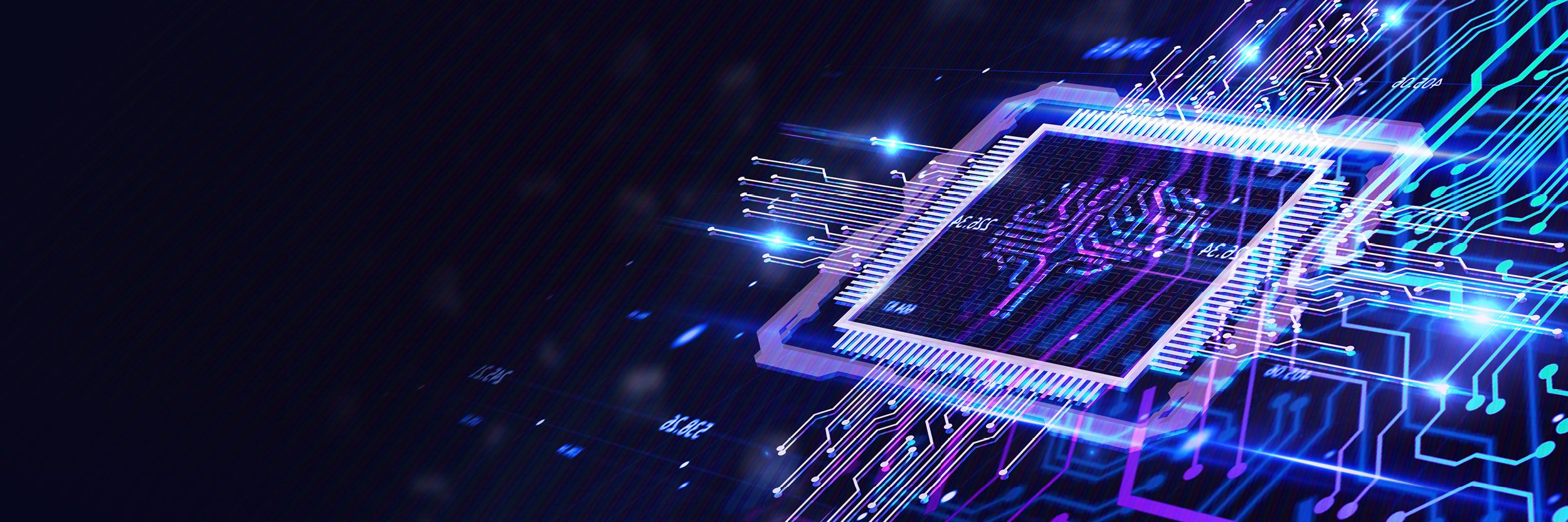 3D rendered microchip or CPU with illuminated electronic circuits, featuring bright blue and purple neon lighting effects against a dark background