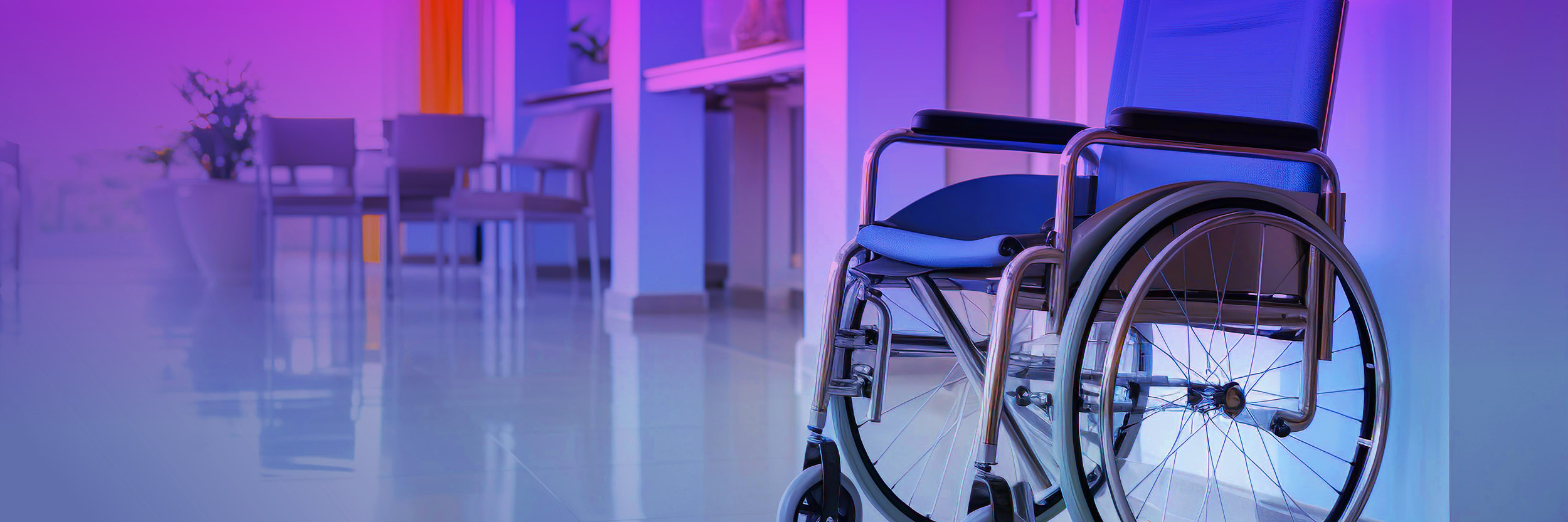 lone blue empty wheelchair in a hospital waiting room with chairs in the background