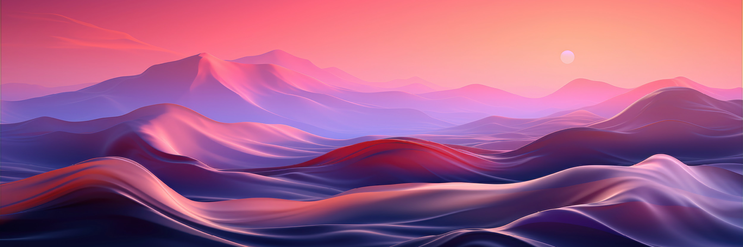 Grassi_Website_Image_NFP_BBB-Webinar-Rottkamp-Gordon_2025-05_FA A surreal, digitally rendered landscape of smooth, rolling hills and mountains in soft shades of pink, purple, and blue under a glowing peach and lavender sky, with a pale sun near the horizon.