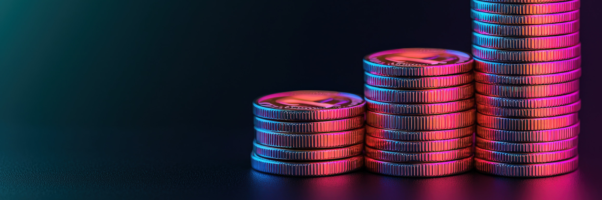 three stacks of metal coins lined up horizontally with a multi-color light shinning on them