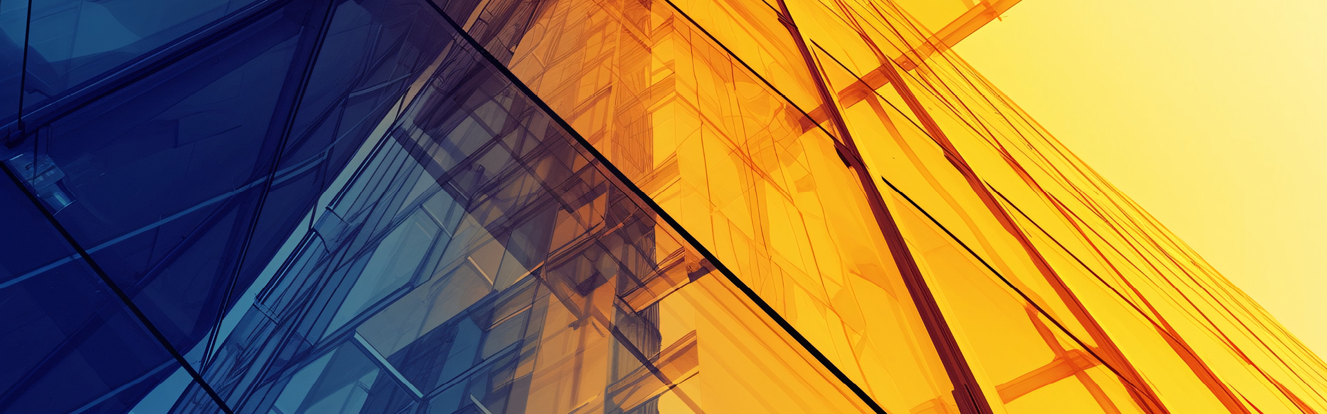 Worms eye view of a glass building with the sun setting on it casting a blue and yellow glow.