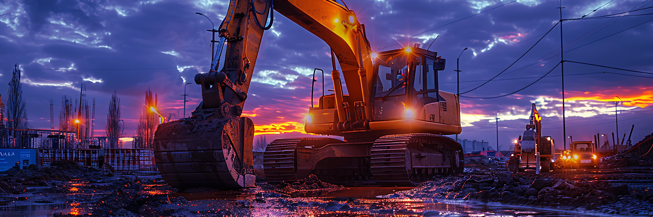 Excavator operating on a muddy construction site at dusk, with glowing headlights and a vivid sunset sky in the background. Other construction vehicles and building materials are visible under streetlights, emphasizing active work and industrial progress.