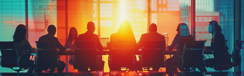 Silhouetted business professionals seated around a conference table in a modern office at sunset. The warm, orange glow of the setting sun streams through tall glass windows, casting reflections and creating a dramatic contrast with the cooler blue tones in the background. The scene suggests collaboration, leadership, and strategic discussion in a corporate environment.