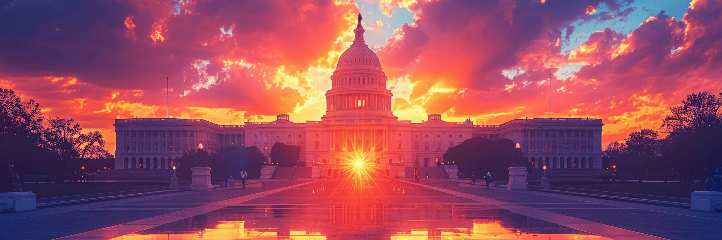 The U.S. Capitol Building at sunrise or sunset, with dramatic, colorful clouds in shades of orange, pink, and purple filling the sky. A bright sunburst appears near the center base of the building, casting a glowing reflection on the plaza in the foreground.