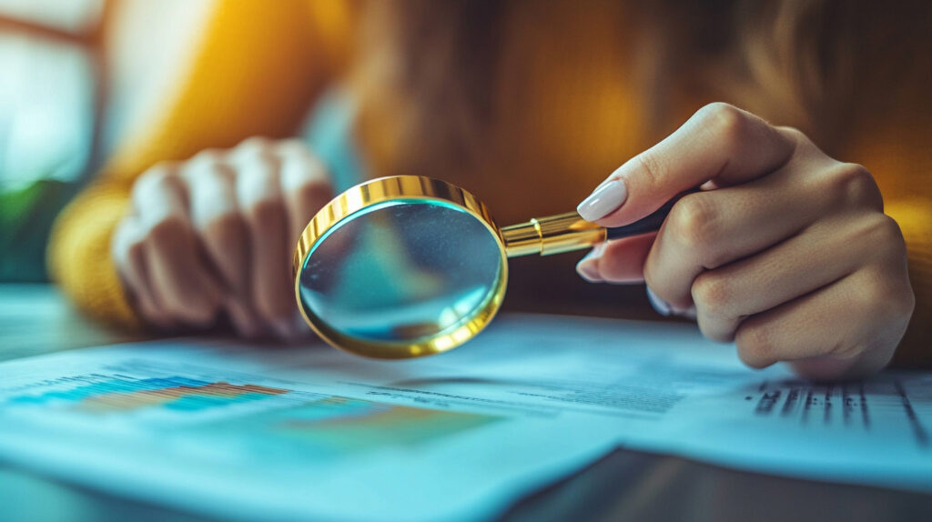 Close-up of a person analyzing financial documents with a golden magnifying glass, reviewing business charts and graphs in detail for auditing or data analysis.