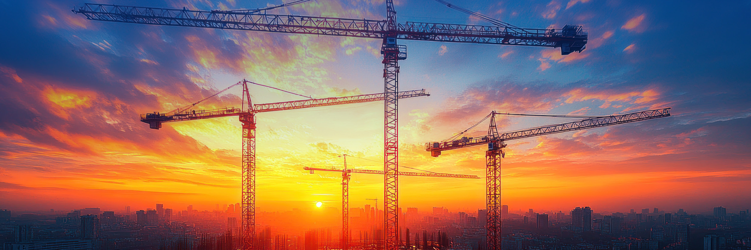 Tower cranes silhouetted against a vibrant sunset over a city skyline, symbolizing urban growth and construction progress.