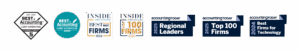 line up of logos: best of accounting diamond award, best of accounting 2025, inside public accounting best of the best firms 2024, inside publica accounting top 100 firms, accounting today 2025 regional leaders, top 100 firms, 2024 best firms for technology. 