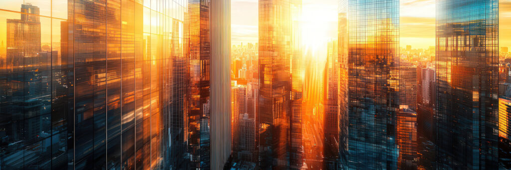 A futuristic cityscape at sunset, featuring tall glass skyscrapers with reflective surfaces glowing in shades of orange and gold. The sun is shining brightly through the buildings, casting dramatic light and reflections across the urban skyline.