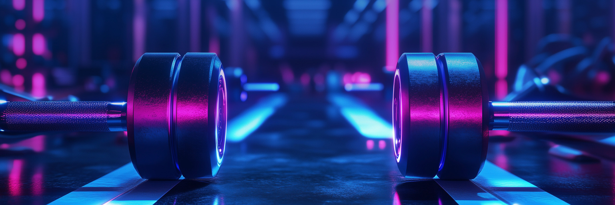 Workout equipment in dark room with purple lighting