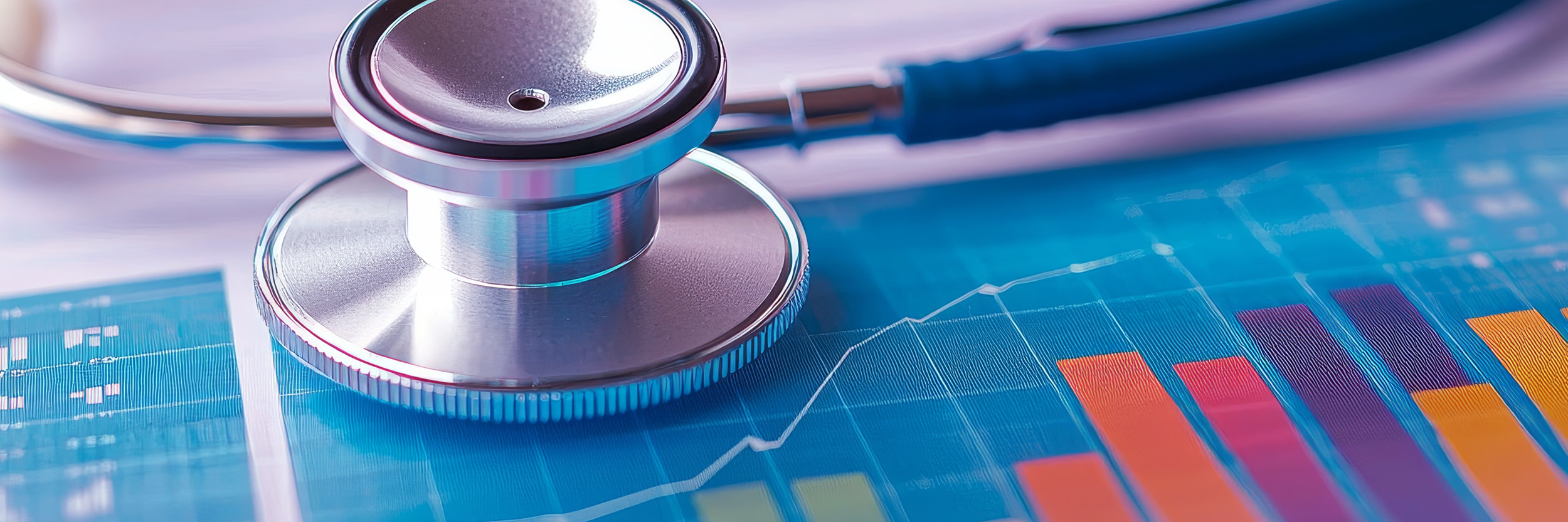 Close-up of a stethoscope resting on a healthcare data chart with colorful bar graphs and trend lines.
