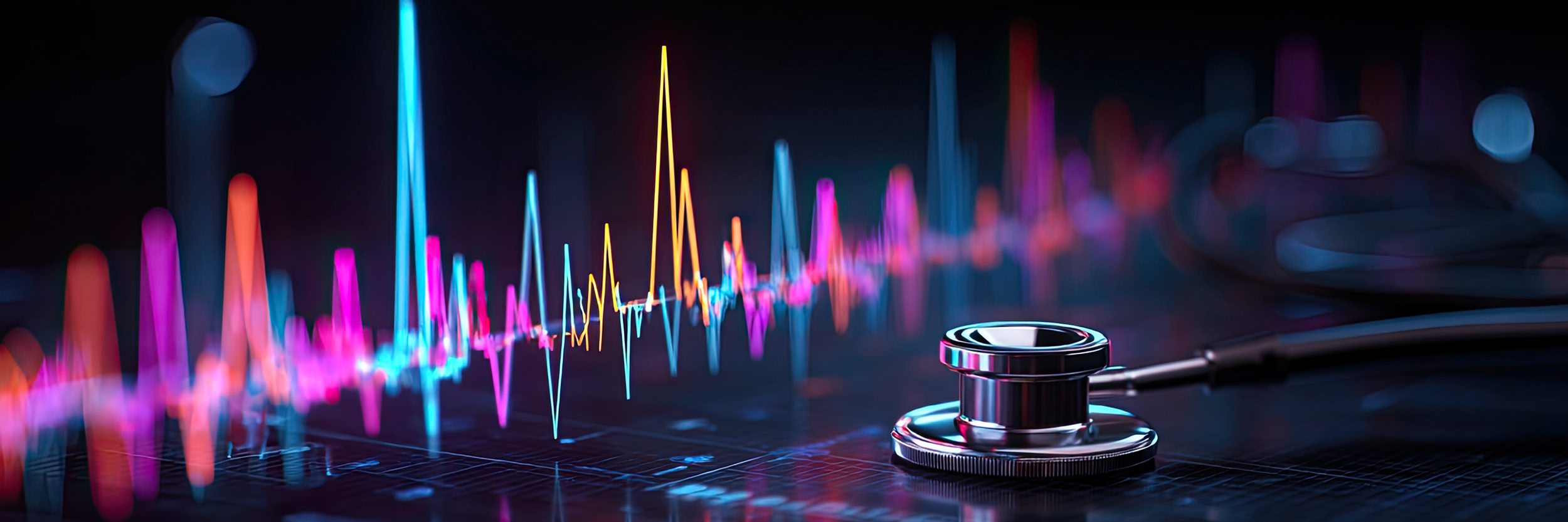 A stethoscope rests on a digital surface displaying colorful financial and health data graphs, symbolizing the connection between healthcare and financial performance.