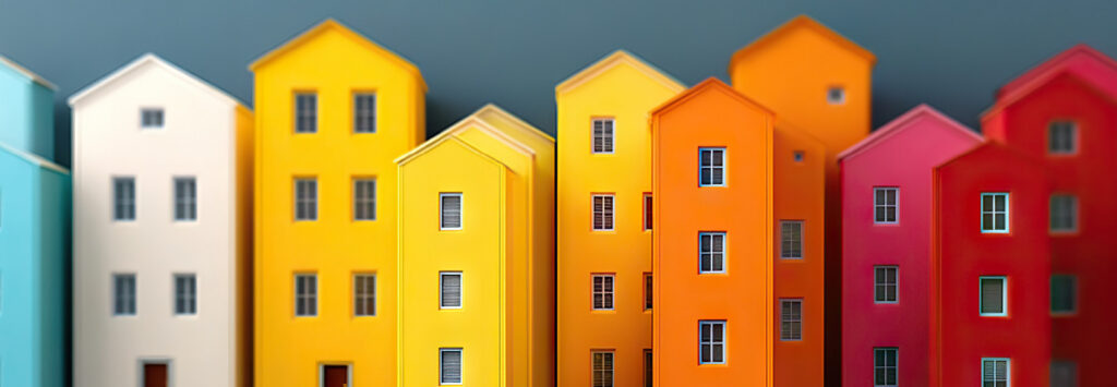 Colorful row of affordable housing units symbolizing community development and HUD compliance services for affordable housing programs.