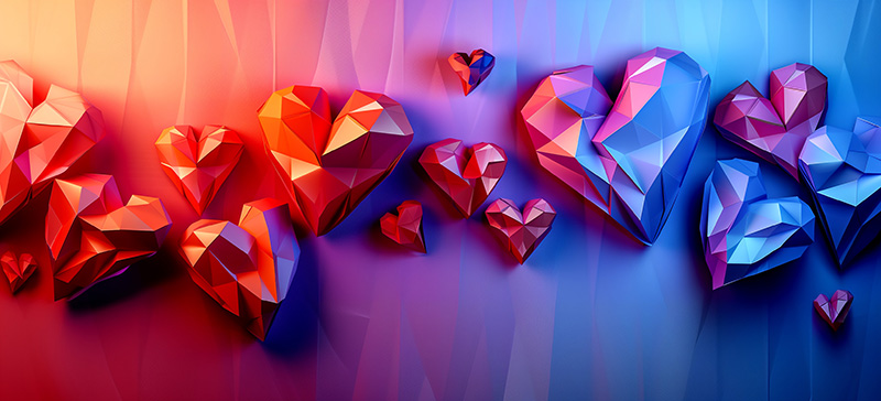 3D polygonal geometric hearts in red and blue gradient tones on abstract faceted background – modern digital art symbolizing love, romance, and connection.