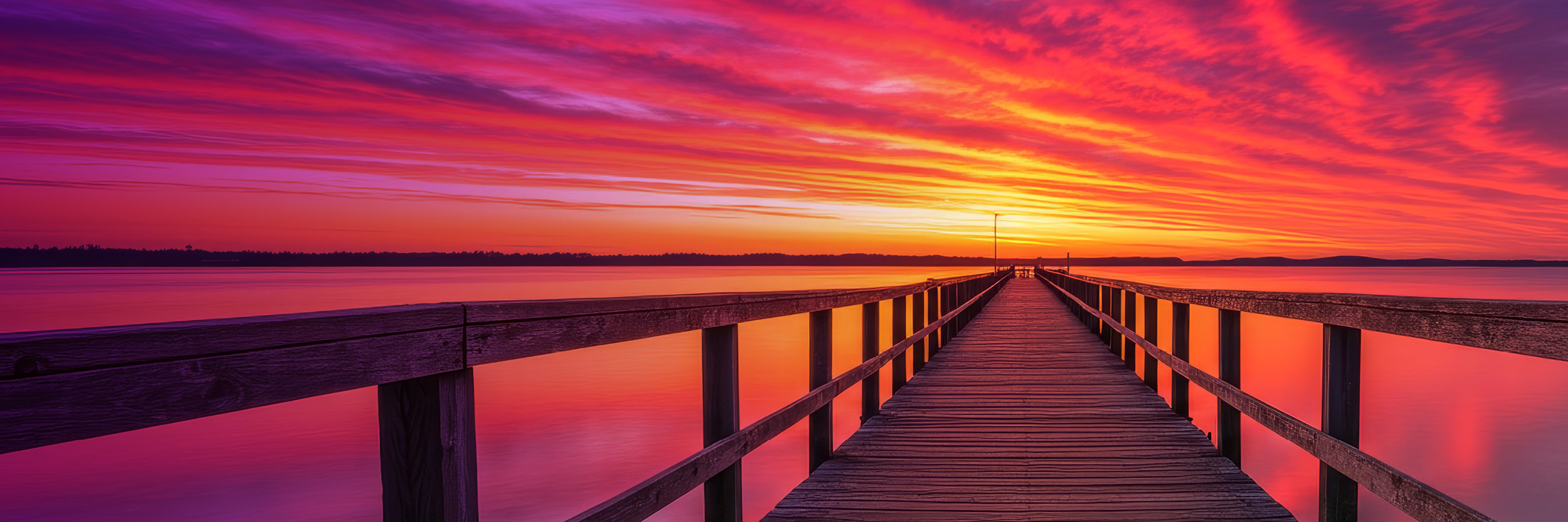 A wooden pier stretches out over calm water toward a glowing horizon at sunset, with vivid shades of orange, pink, and purple filling the sky and reflecting on the water’s surface