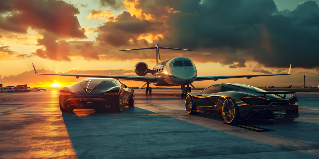 Luxury private jet and supercars on a runway at sunset, symbolizing international wealth, lifestyle, and global mobility.