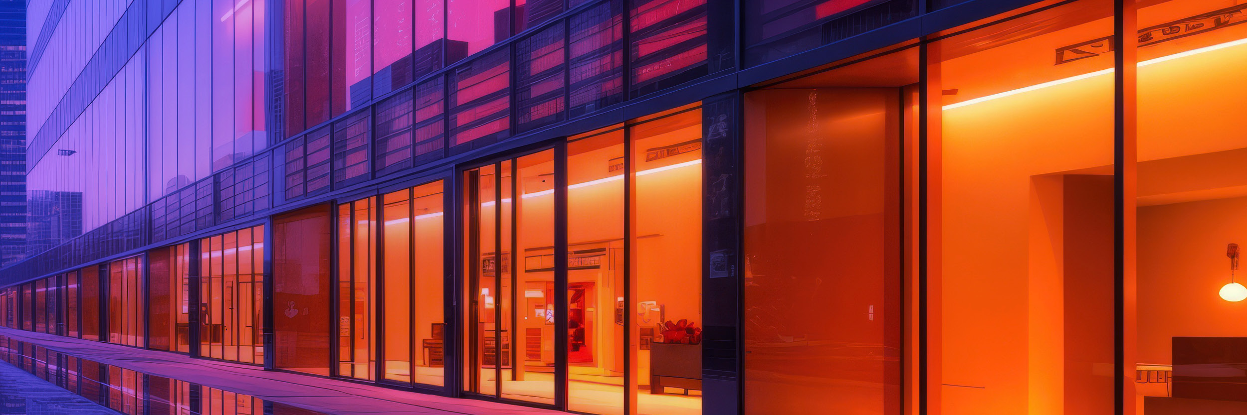 Modern glass office building with bright orange interior lighting and reflective purple-tinted windows at dusk.