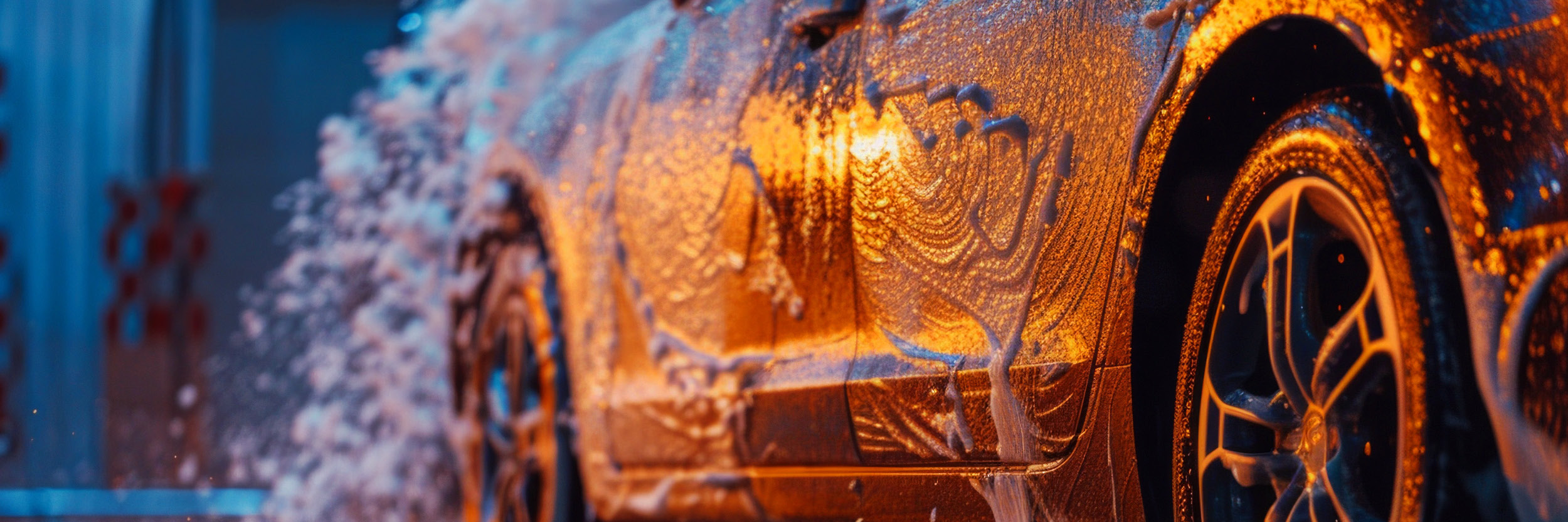 car with soap and suds as it is being washed in the sunlight