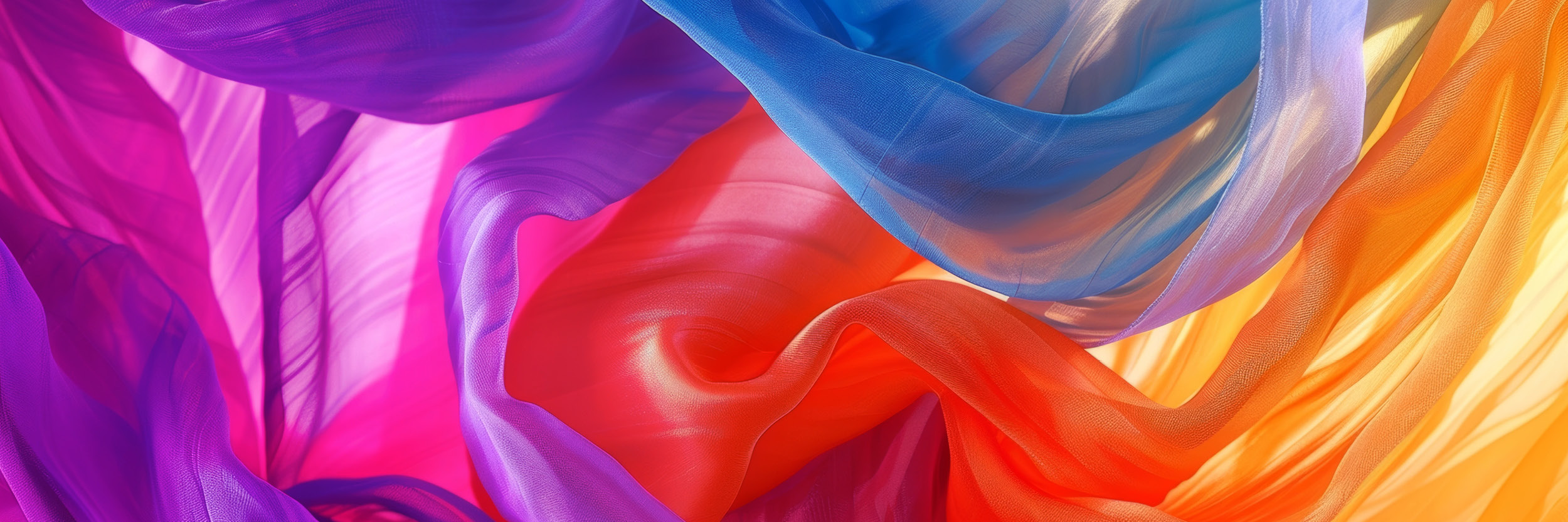 Flowing sheer fabrics in vivid colors, purple, pink, blue, orange, and yellow, intertwine gracefully, creating a soft, luminous, and abstract background full of motion and light.