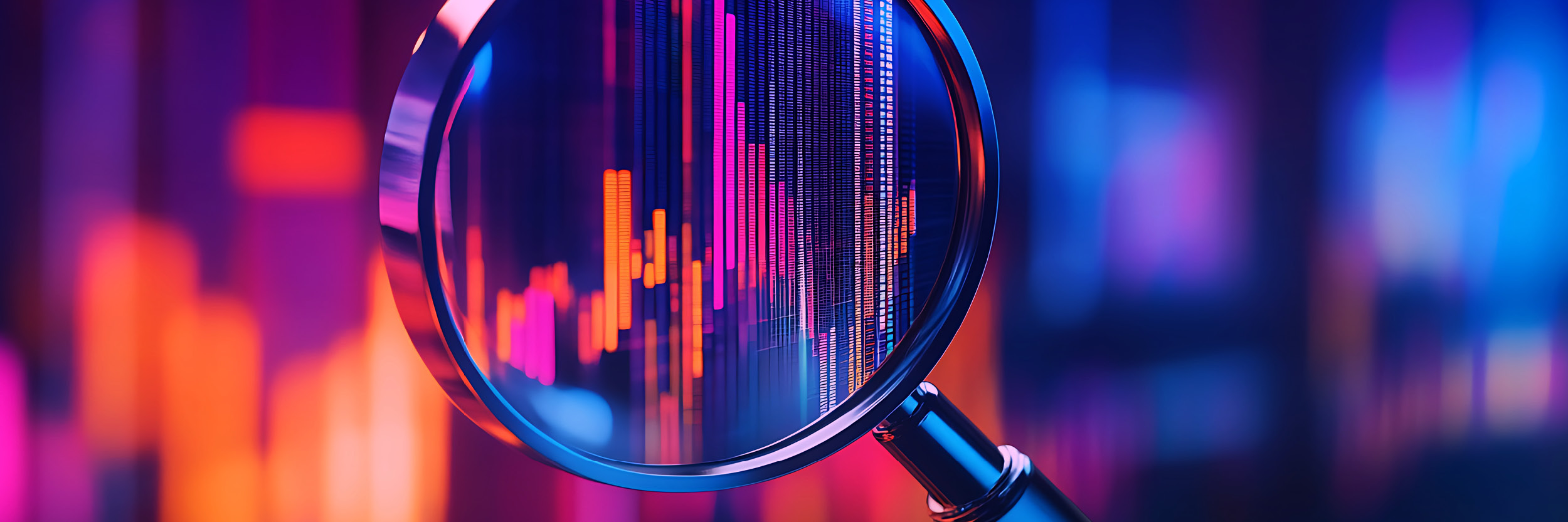 A close-up of a magnifying glass focusing on colorful digital data charts with glowing bar graphs in shades of pink, purple, orange, and blue, symbolizing data analysis or market research in a futuristic, tech-inspired setting.