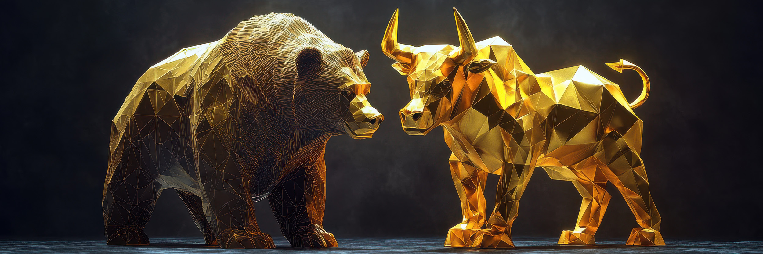 A gold bull and a bear standing head to head
