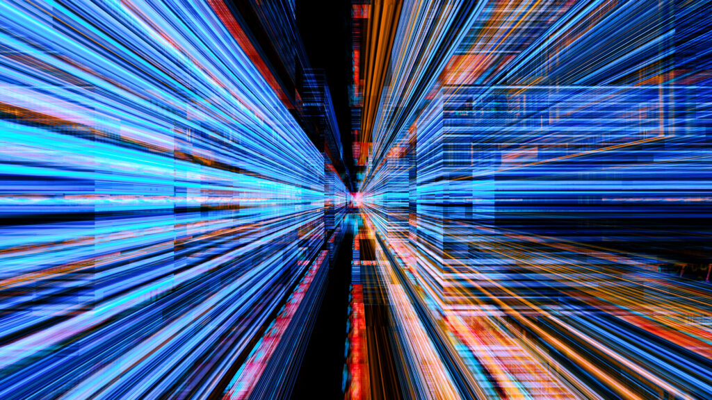 A vibrant digital tunnel of light created by converging streaks of neon blue and orange lines, representing high-speed data transfer or futuristic technology in a dynamic, abstract cyber environment.