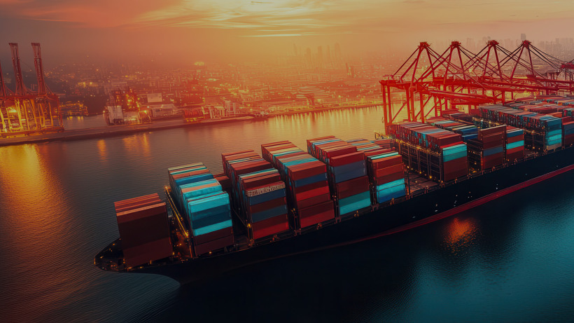 Massive cargo ship stacked with shipping containers crossing open water