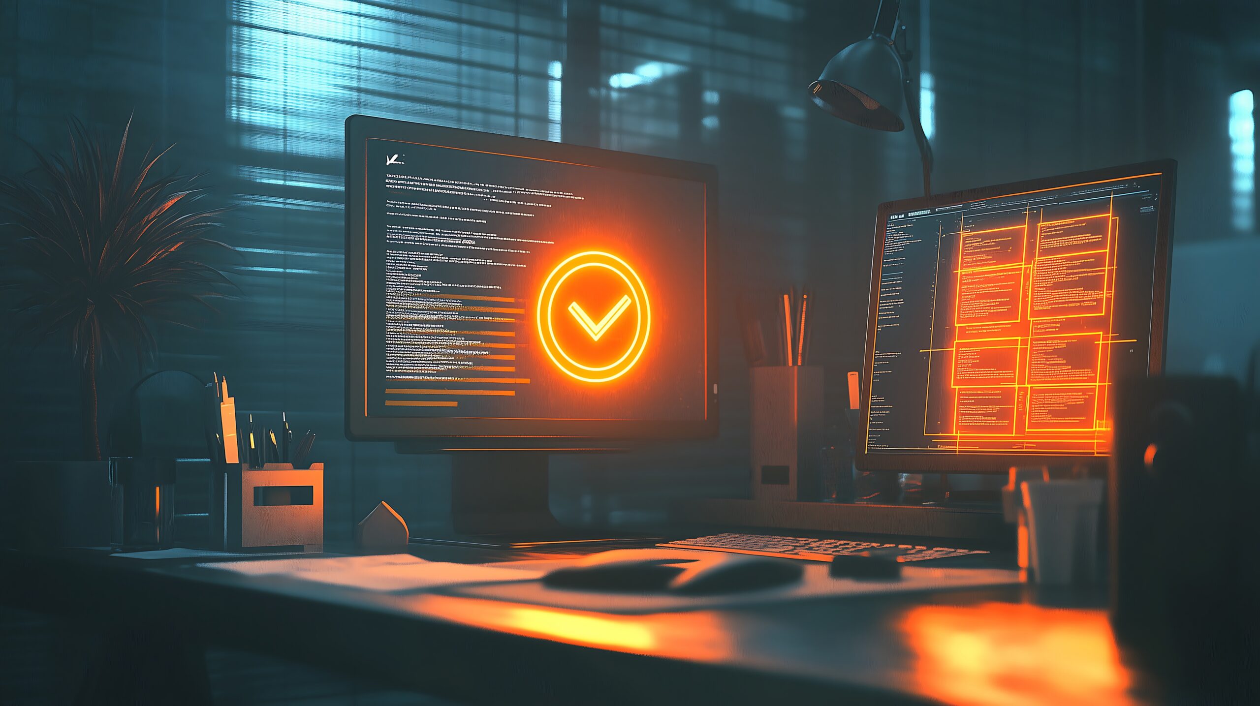 Modern office desk with two computer monitors displaying lines of code and a glowing checkmark symbol, suggesting system validation or cybersecurity monitoring.