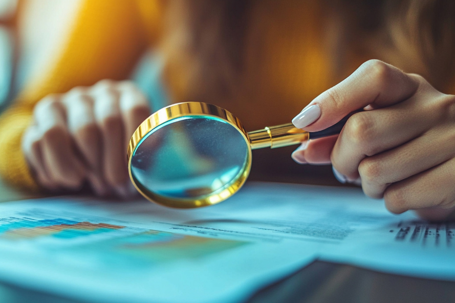 Close-up of a person analyzing financial documents with a golden magnifying glass, reviewing business charts and graphs in detail for auditing or data analysis.