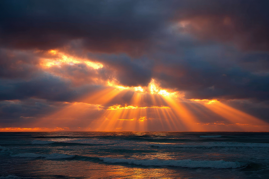 Experience the breathtaking beauty of a sunrise over the ocean, with vibrant rays of light piercing through dark clouds, creating a serene and tranquil atmosphere.
