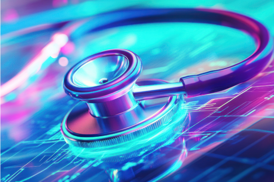 vibrant stethoscope on digital background, symbolizing healthcare innovation and technology