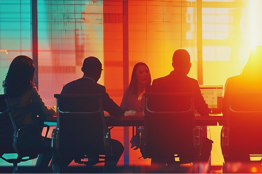 Silhouetted business professionals seated around a conference table in a modern office at sunset. The warm, orange glow of the setting sun streams through tall glass windows, casting reflections and creating a dramatic contrast with the cooler blue tones in the background. The scene suggests collaboration, leadership, and strategic discussion in a corporate environment.
