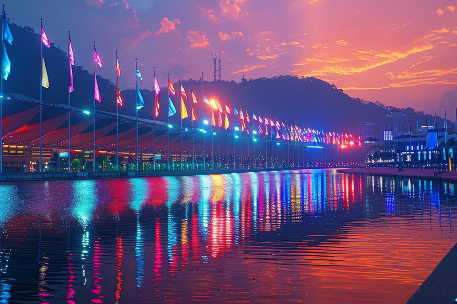 Colorful evening scene with rows of international flags illuminated along a waterfront, their reflections shimmering across the water beneath a vibrant sunset sky.
