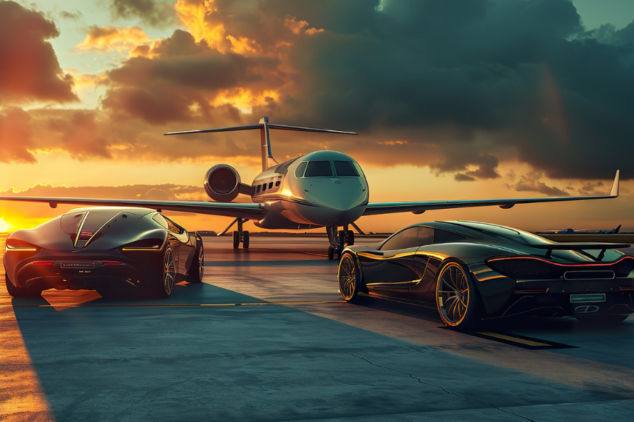 Luxury private jet and supercars on a runway at sunset, symbolizing international wealth, lifestyle, and global mobility.