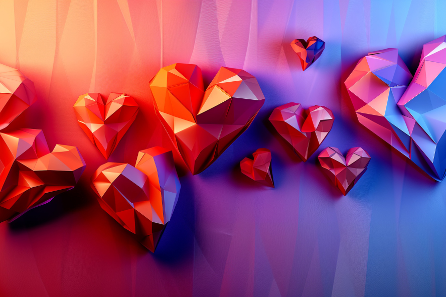 3D polygonal geometric hearts in red and blue gradient tones on abstract faceted background – modern digital art symbolizing love, romance, and connection.