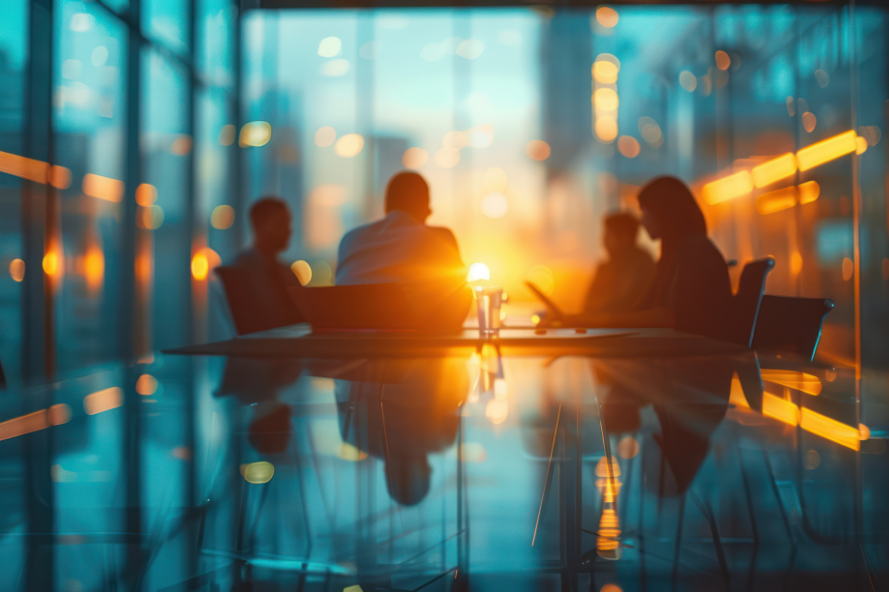Meeting of board members and/or staff silhouetted by light from a setting sun streaming in the windows behind them