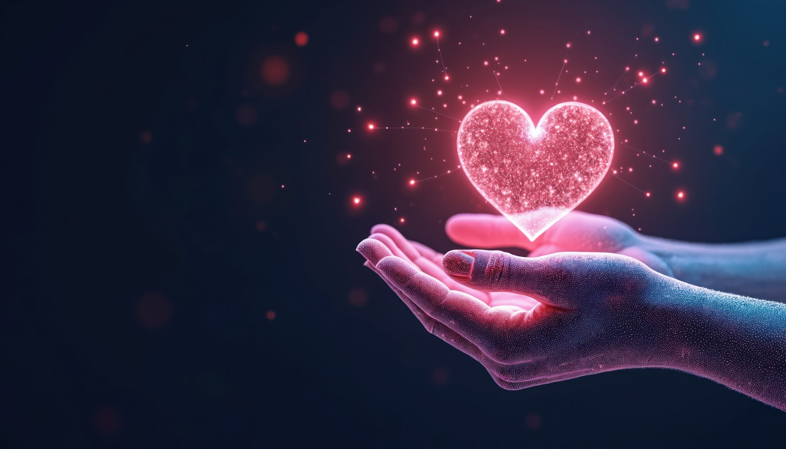 Two hands hold glowing digital heart against dark background. Abstract concept of love, charity, donation, medical care and social support. This illustration shows hope and kindness.