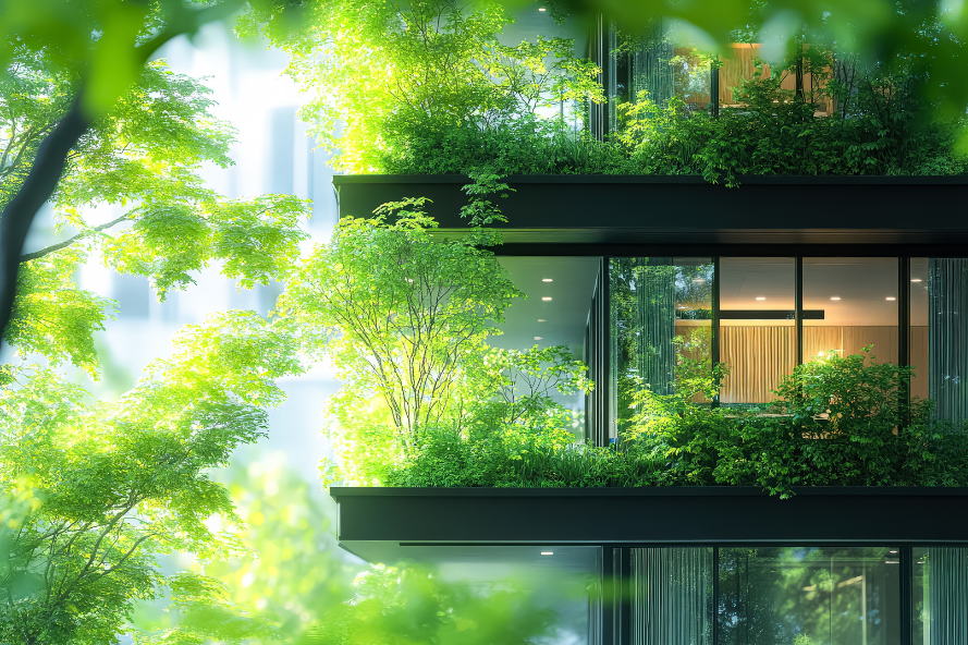 Building with a green roof and a lot of trees surrounding it. The building has a lot of windows and a balcony